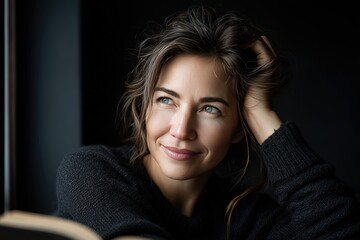 Close-up Portrait of Thoughtful Woman, Relaxing Indoors, Joyful Expression Reflecting Peace and Calm, Natural Lighting, Contemplating, Beauty in Simplicity, Cozy Interior Setting