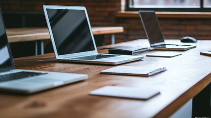 Modern office workspace featuring multiple laptops notebooks and a computer mouse on a large wooden desk