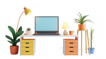 Colorful home office scene with laptop and plants.