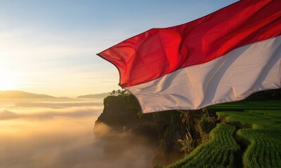 Sunrise flag over misty mountains