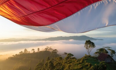 Sunrise landscape with national flag