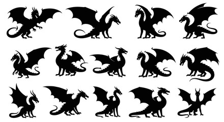 Dragon black silhouette Collection Set Vector Illustration