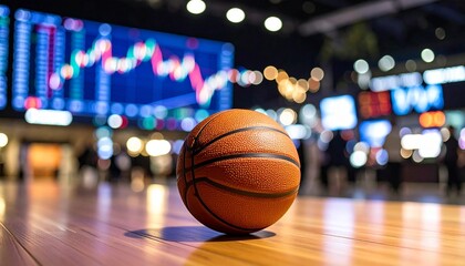 Close-up of orange basketball on wood floor, blurred financial graph background, showcasing financial markets and sports business connection