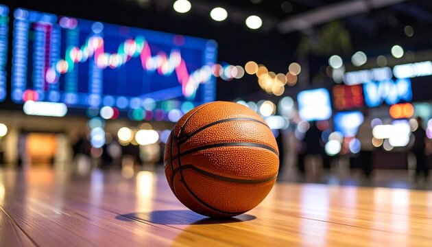 Close-up of orange basketball on wood floor, blurred financial graph background, showcasing financial markets and sports business connection