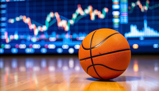 Close-up of orange basketball on wood floor, blurred financial graph background, showcasing financial markets and sports business connection
