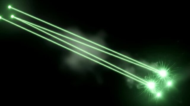 Futuristic Green Laser Cannons Firing Dynamic Energy Beams Through Smoke with Impact Explosions.