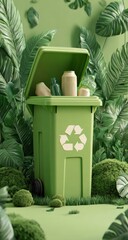 Green recycling bin amidst lush foliage