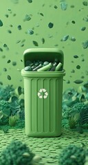 Green trash can overflowing with assorted items, surrounded by foliage, with leaves falling