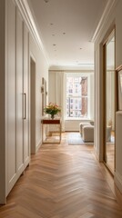 Elegant hallway with herringbone flooring and large windows