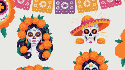 Fototapeta premium Dia de los Muertos Illustration Sugar Skulls, Papel Picado, and Marigold Flowers Graphics