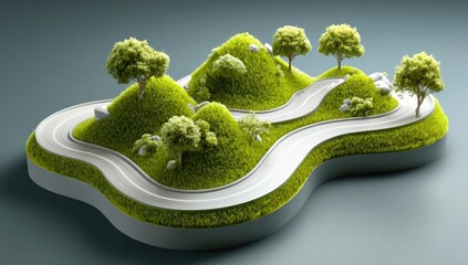 Miniature, winding road through grassy hills