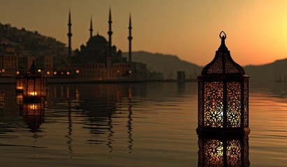 Mosque by water, lanterns glow