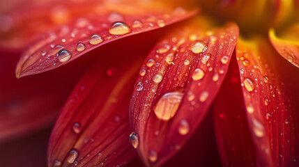 Close-up of water droplets resting on bright red dahlia petals after rain.