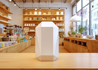 White geometric object on light-wood counter in a store