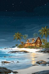 Coastal cabin at night under a starry sky
