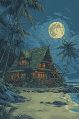 Tropical beach hut at night under a full moon