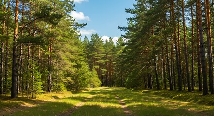 Pine Ridge Sunshine: Green Pinewood Under Blue Sky