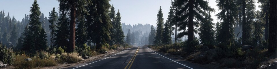 Foggy mountain road through pine forest
