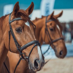 Fototapeta premium Close-Up of Elegant Racehorses with Bridles in Sunlight