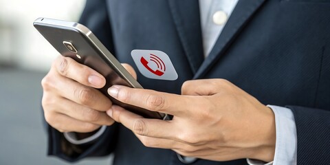 Man in suit holding smartphone with security sticker