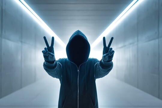 Mysterious hooded figure in dark corridor making peace hand gestures, symbolizing anonymity, security, and cyber culture
