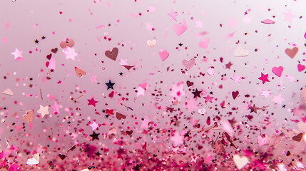 Pink confetti floats against a light backdrop. Bokeh lighting creates festive texture, ideal for party invites, celebrations, or branding.