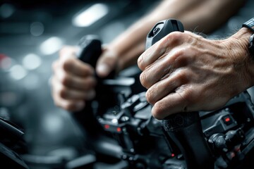 Close-up of Pilot's Hands on Aircraft Controls in Cockpit Showing Precision and Skill in Aviation with Focus on Technology and Engineering Aspects