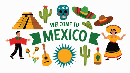 Fototapeta premium Welcome to Mexico Vibrant Illustration Featuring Cultural Symbols, People, Landmarks and More