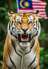 Malayan Tiger Close-Up Roaring in the Jungle. Malaysia National Day. Malaysia Day
