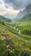 Obraz premium Serene mountain valley with winding river and wildflowers
