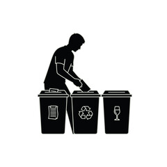 A silhouette of a person sorting trash into separate recycling bins for paper, general recyclables, and glass.