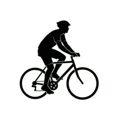Obraz premium A black silhouette of a cyclist wearing a helmet while riding a bicycle on a white background.
