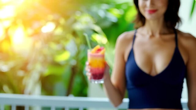 Healthy Lifestyle with Organic Fruit Smoothie &ndash; Fit Woman Smiling in Tropical Natural Light Offering a Vibrant Wellness Drink in Cinematic Slow Motion