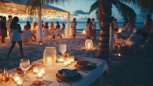 Romantic Beachfront Wedding at Twilight with Guests in White and Flickering Candlelight &ndash; Relaxed Natural Celebration Captured in Cinematic Slow Dolly Motion