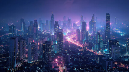 Fototapeta premium Bangkok city skyline at night illuminated in futuristic cyberpunk style lighting