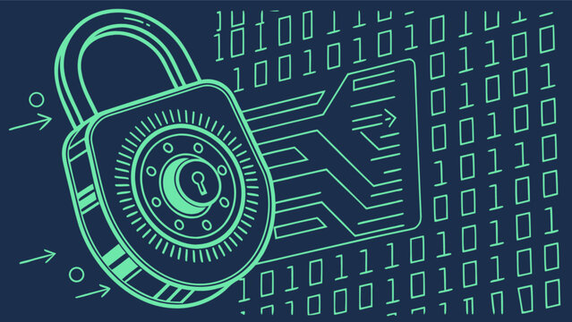 Cybersecurity data protection and network security with digital lock and binary code illustration