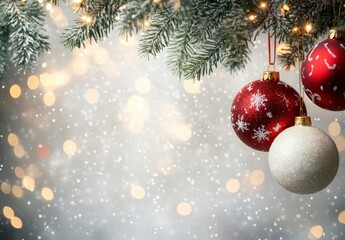 Fototapeta premium Festive Christmas Decorations with Ornaments and Snowy Background