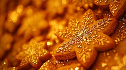 Golden Snowflake Cookies with Intricate Icing Detail for Holiday Treats