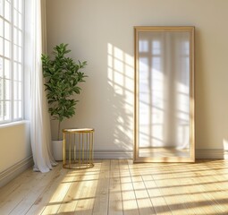 Elegant Interior Space with Mirror and Green Plant in Sunlight