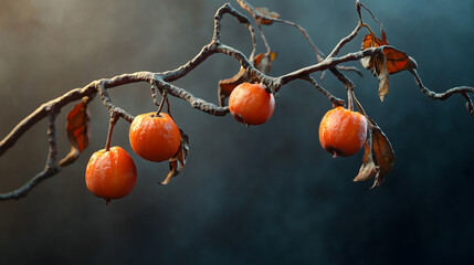 A few persimmons hanging on bare twisted branches