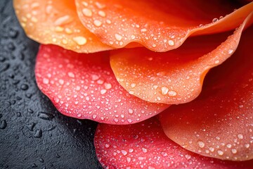 Close-up of vibrant rose petals, layered and glistening with water droplets