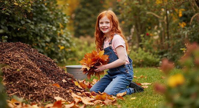 Young happy girl collecting autumn leaves in a garden for composting creating healthy soil for sustainable living and environmental protection