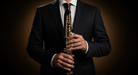 Oboist in formal wear prepares for a sophisticated classical music concert performance with the golden oboe in studio