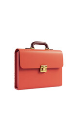 A coral-colored briefcase with a brown handle and gold clasp.
