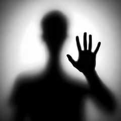 black and white photograph shows of a blurred silhouette of a man behind a matte or translucent surface. The hand is clearly pressed against the surface. eerie image, emotional expression, conceptual