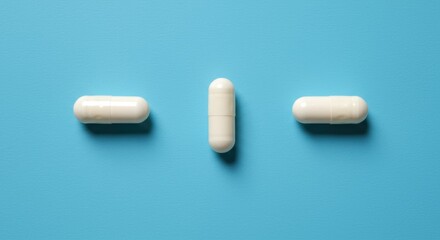 White capsules on a blue background embodying health medicine and well being