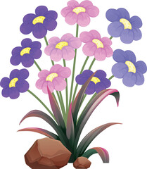 vector illustration of pink and purple flowers growing near the rocks