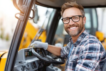 Naklejka premium Confident Male Construction Worker Operating Heavy Machinery on a Bright Sunny Day at the Construction Site