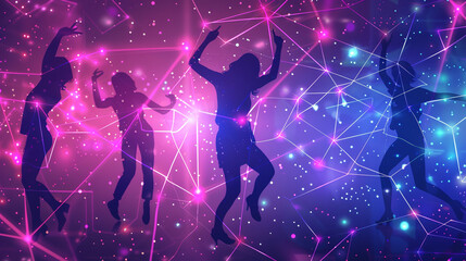 Obraz premium Pink and blue abstract gradient features female silhouettes with connected polygonal lines, ideal for digital presentations, party posters, and branding.