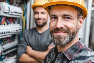 Professional Electricians in Hard Hats Smiling Confidently in Workplace near Electrical Panels, Highlighting Skills and Safety in the Electrical Industry